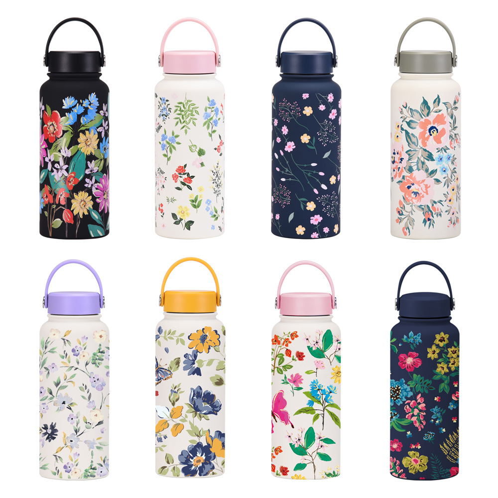 1L stainless steel insulated water bottle UV print pattern detail