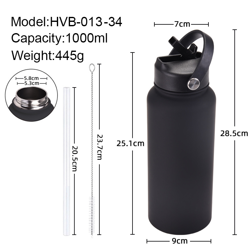 Close-up of straw, lid, and carry handle on stainless steel insulated water bottle.