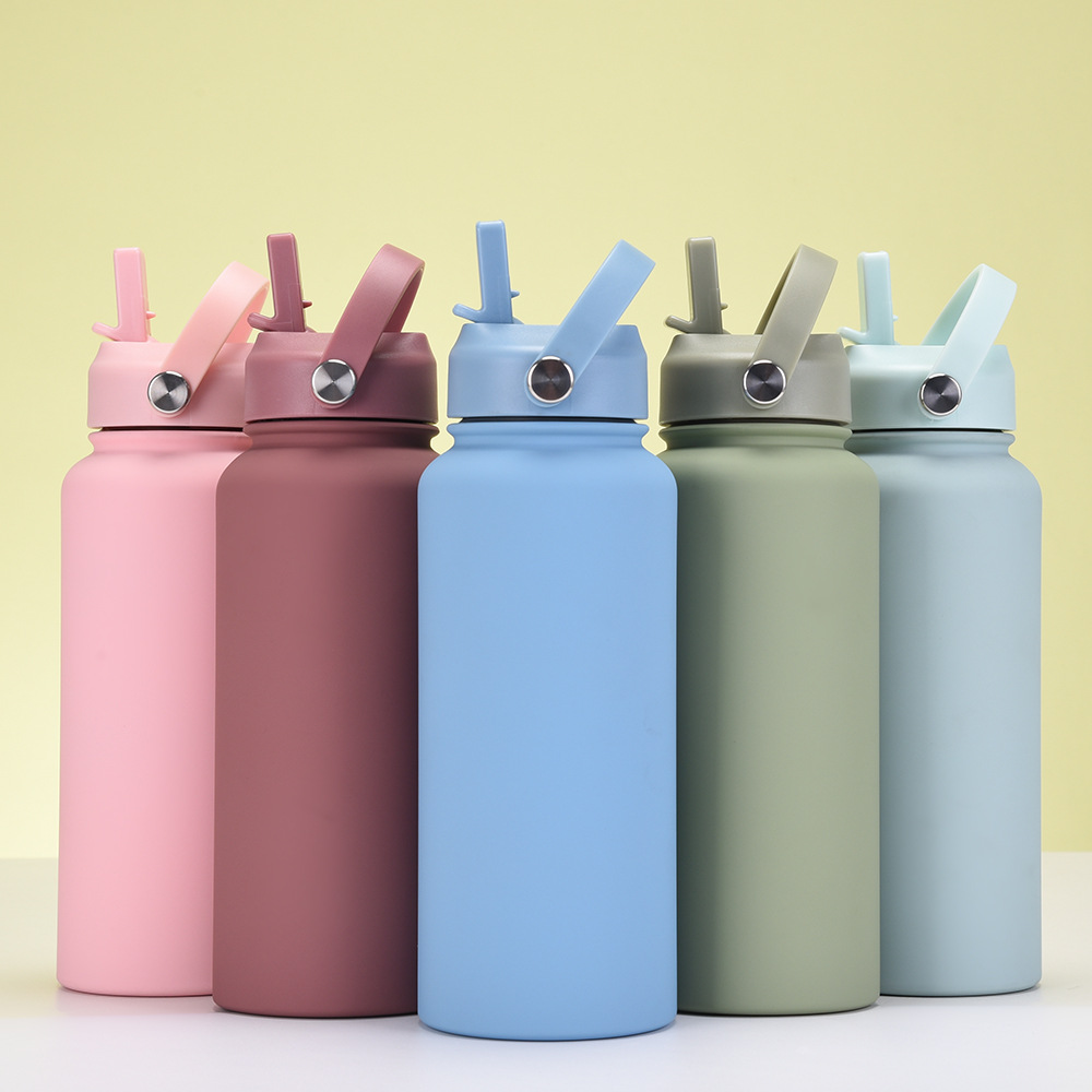 Stainless steel insulated water bottle with straw and carry handle linked to similar product page