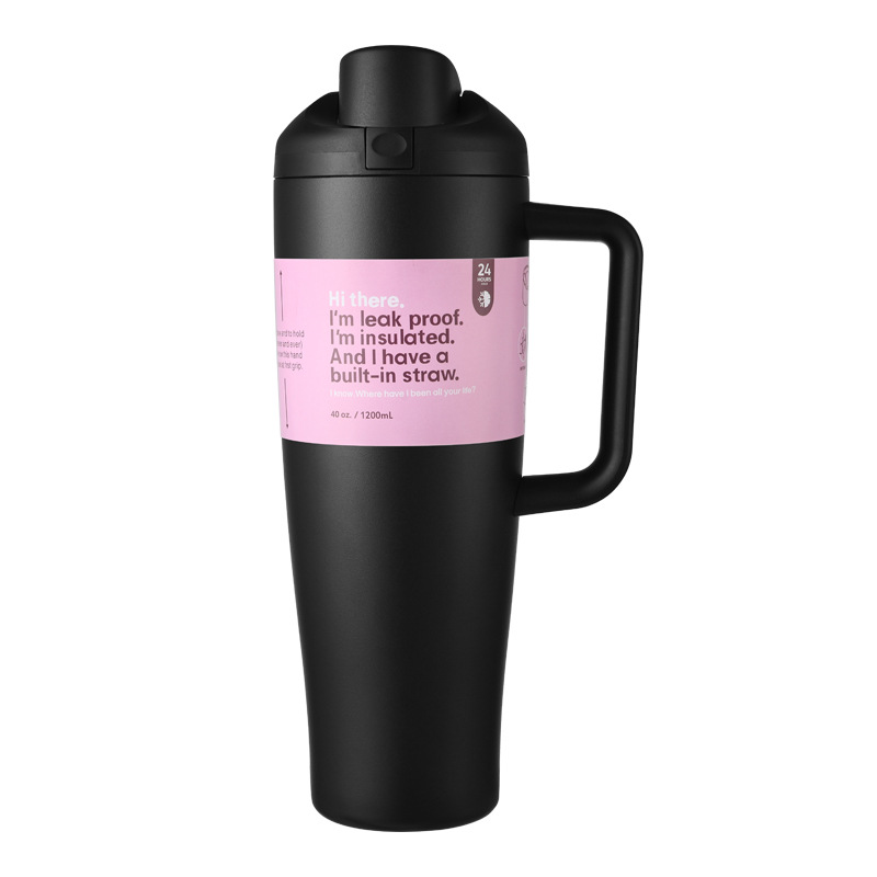 Black 40oz stainless steel insulated sports bottle with carry handle