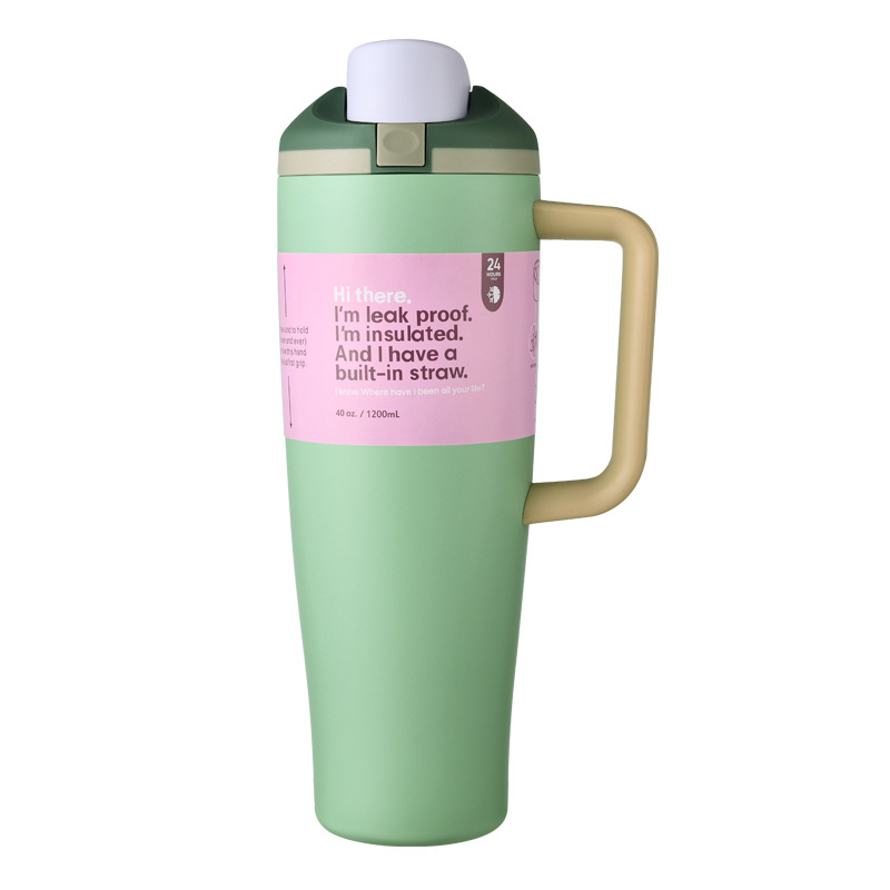 Green 40oz large insulated water jug with straw and chug lid
