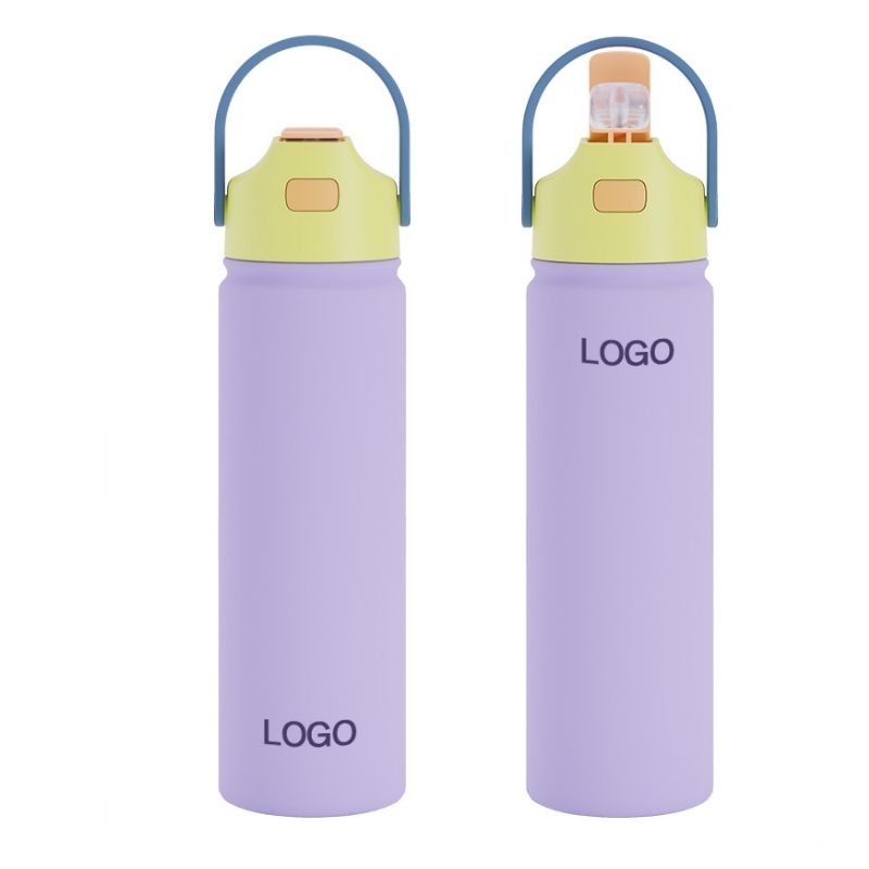 Insulated bottle with push-button straw lid, custom logo