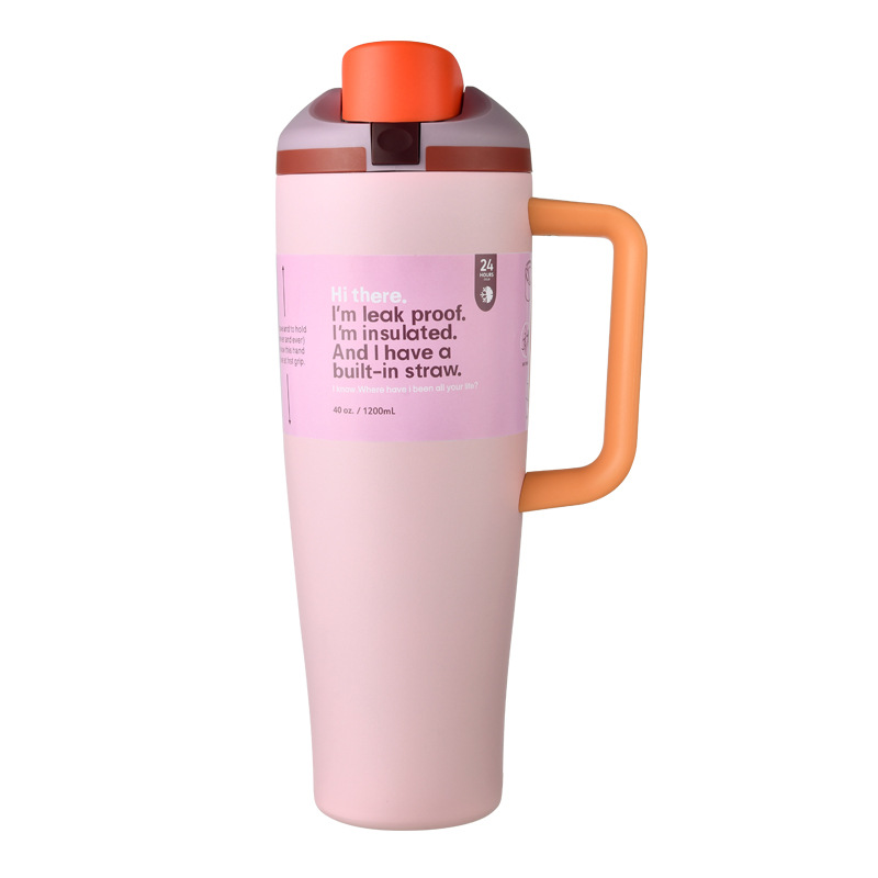Pink 40oz dual-sip handle water bottle with straw, chug lid