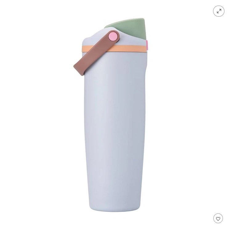 Stainless steel insulated sports bottle side view – dual-sip lid with carry handle