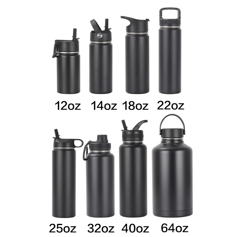 Stainless steel insulated water bottles in multiple sizes 12oz to 64oz for custom capacity selection