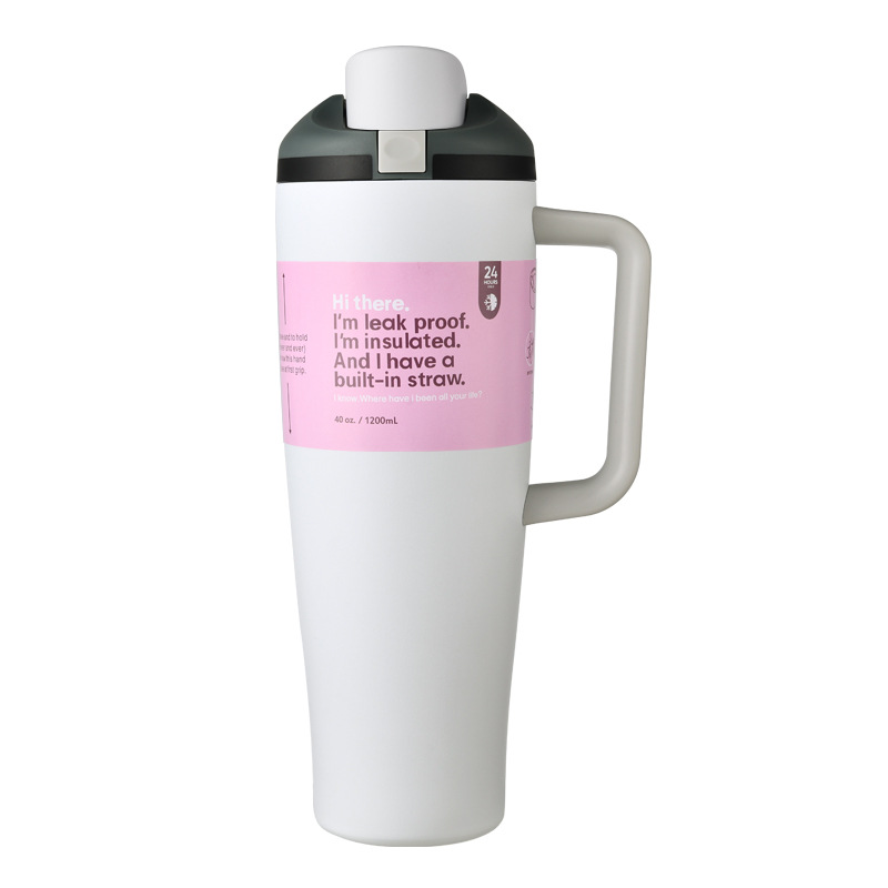 White 40oz insulated water bottle with straw and chug lid, side handle