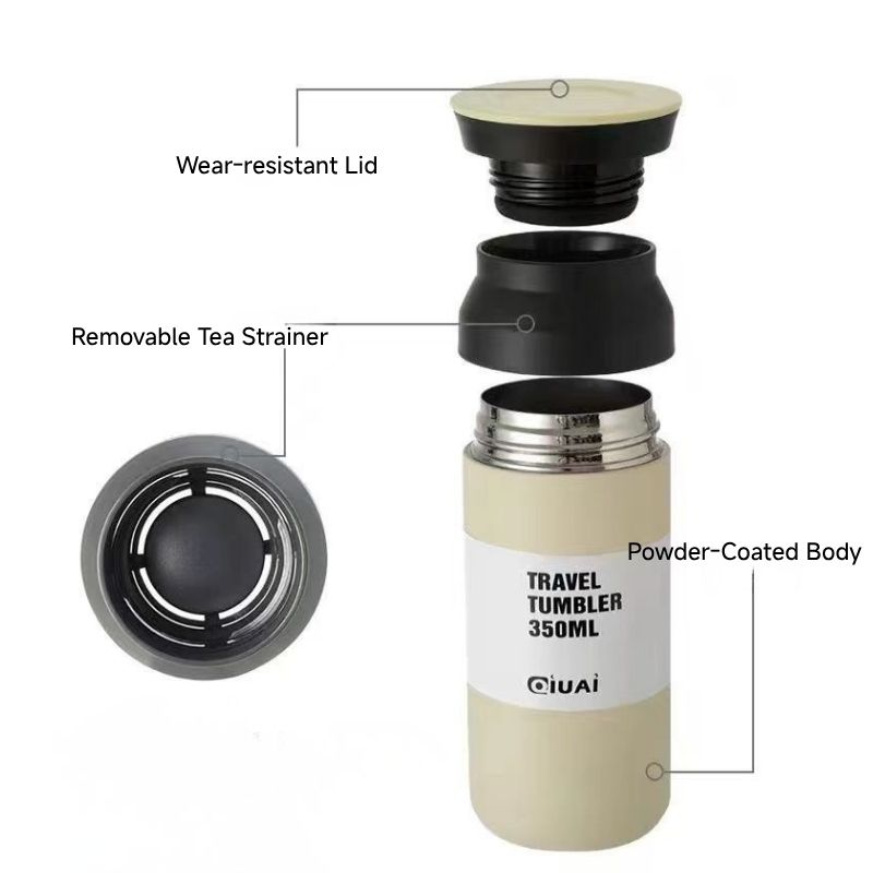 Wide-Mouth Twist-Off Stainless Steel Bottle – Disassembled Lid, Detachable Tea Infuser, and Body