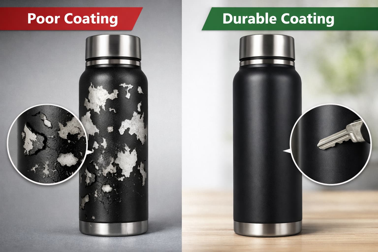 Comparison of spray painted stainless steel insulated bottles showing severe paint peeling versus a durable coating finish.