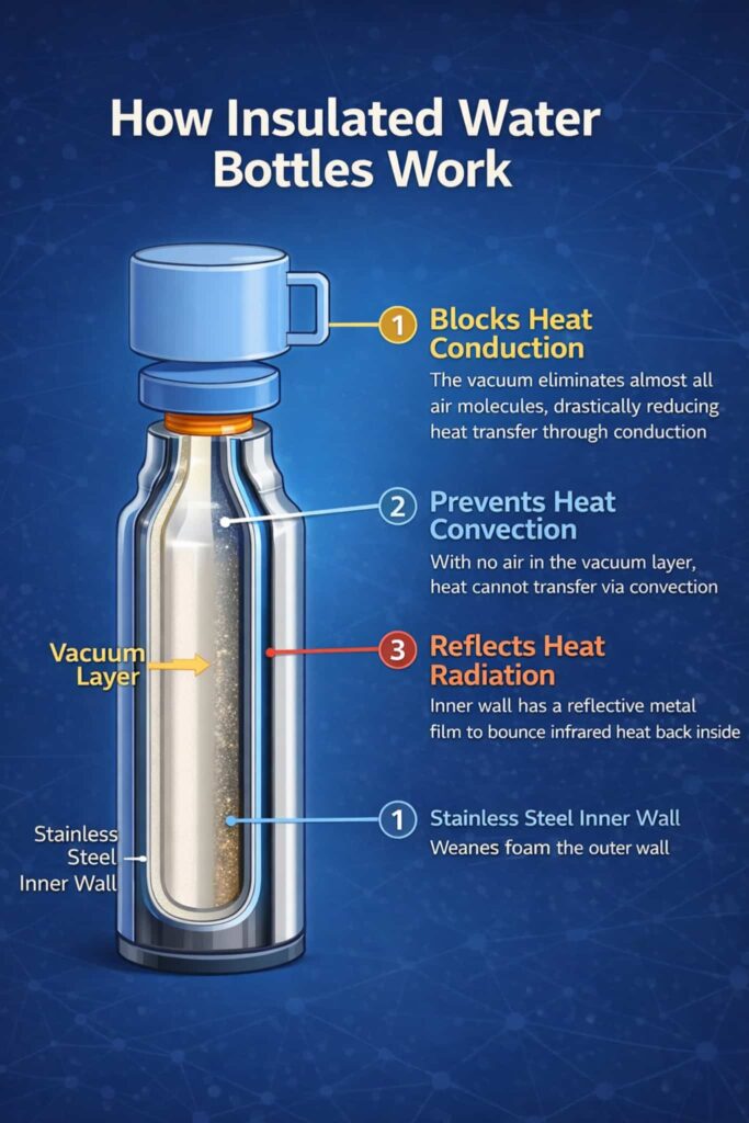 Diagram explaining how vacuum insulated water bottles reduce heat transfer by blocking conduction, convection, and radiation