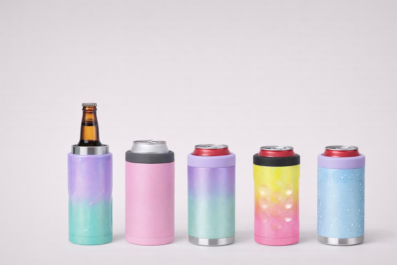 Stainless steel insulated can coolers in multiple finishes for OEM, promotional, and private label manufacturing