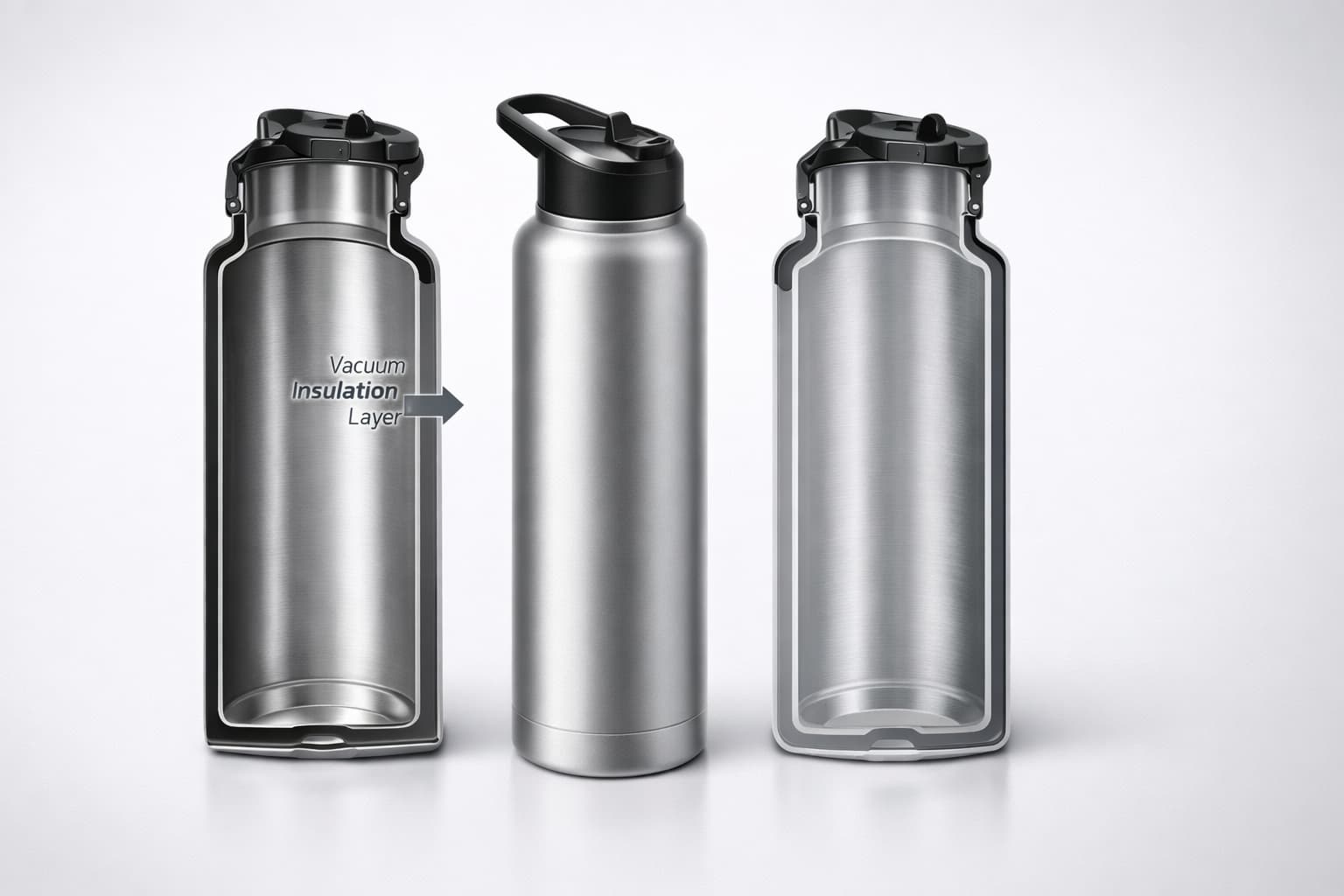 Stainless steel insulated water bottle cross section showing inner liner, outer shell, and vacuum insulation layer
