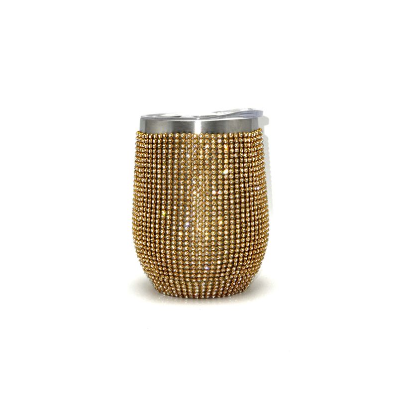 12oz resin rhinestone double wall stainless steel insulated tumbler, gold finish