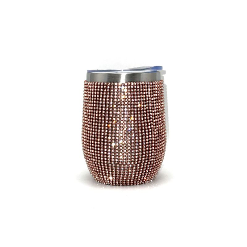 12oz resin rhinestone double wall stainless steel insulated tumbler, rose gold color