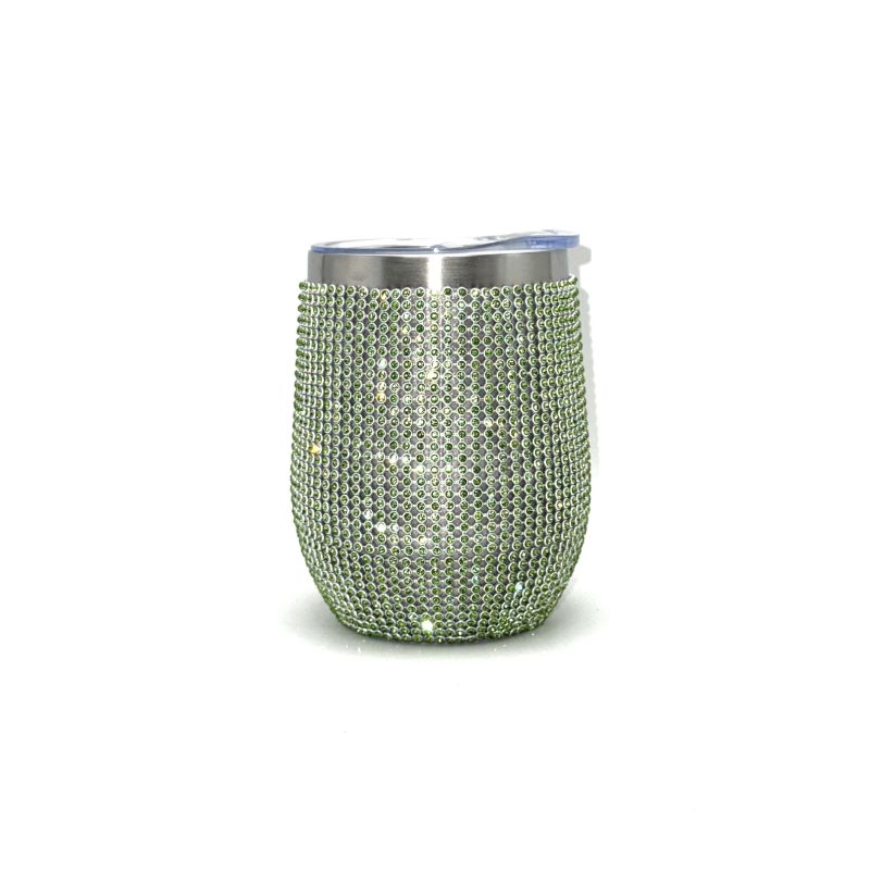 12oz resin rhinestone stainless steel insulated tumbler in green, egg shape design