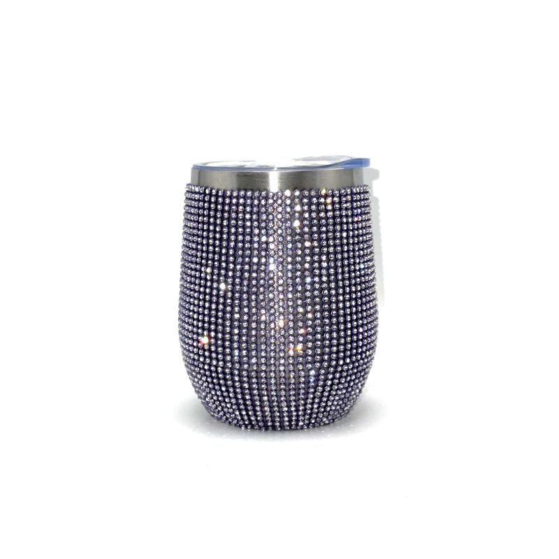 12oz resin rhinestone stainless steel insulated tumbler in purple, egg shape