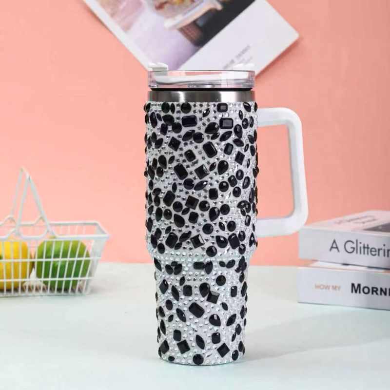 40oz acrylic rhinestone insulated tumbler with handle, black mixed stone design