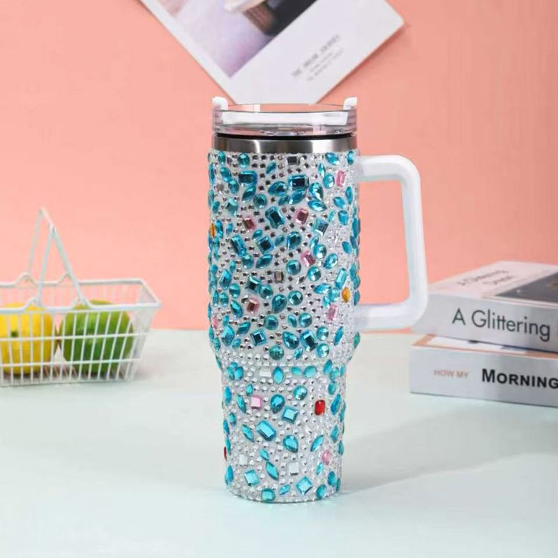 40oz acrylic rhinestone insulated tumbler with handle, blue mixed stone surface