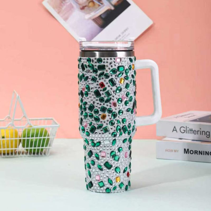 40oz acrylic rhinestone insulated tumbler with handle, green mixed stone design