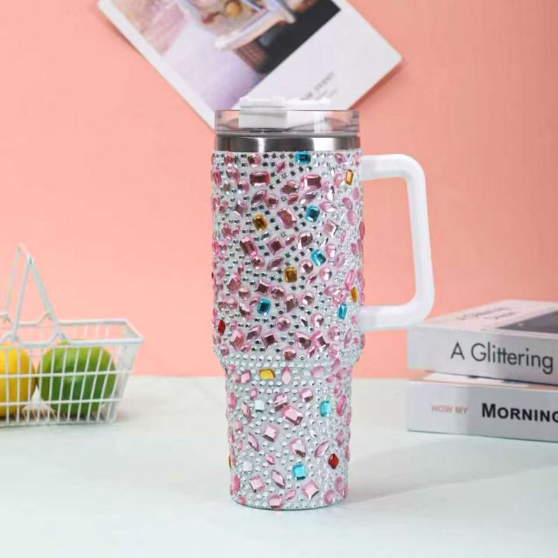 40oz acrylic rhinestone insulated tumbler with handle, pink mixed stone design