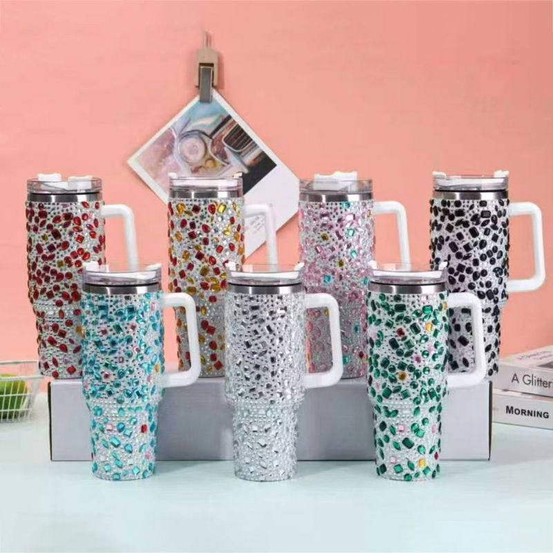 40oz acrylic rhinestone insulated tumblers with handle, multiple color options for wholesale