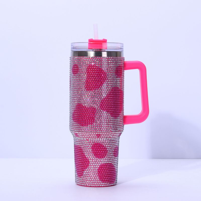 40oz bling rhinestone stainless steel insulated tumbler with handle, pink heart pattern