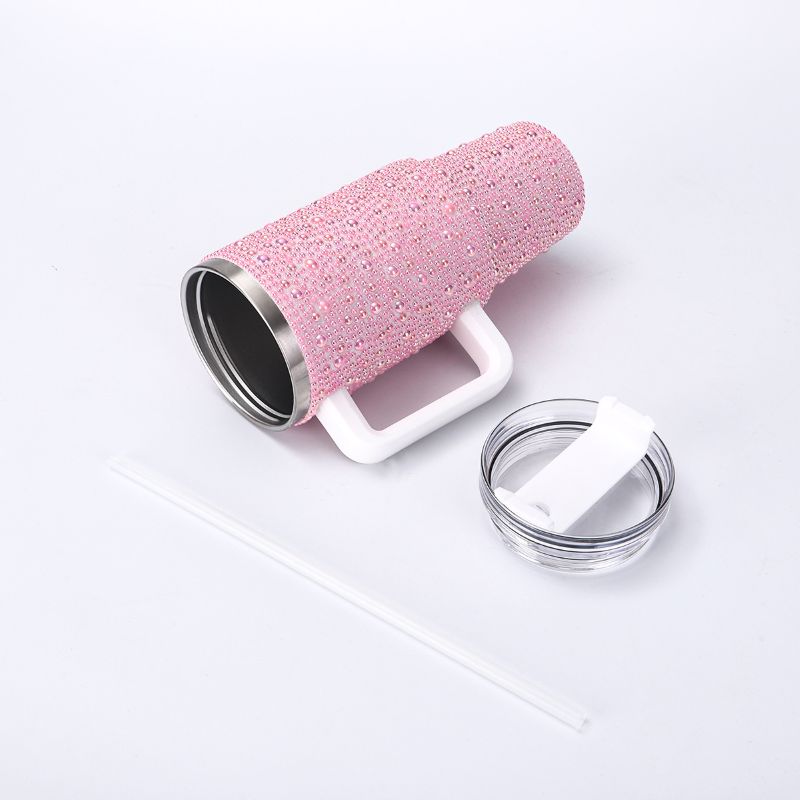 40oz pearl rhinestone insulated stainless steel tumbler with straw lid and carry handle