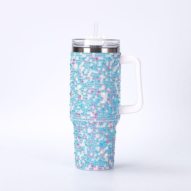 40oz pearl rhinestone stainless steel insulated tumbler with handle, blue finish