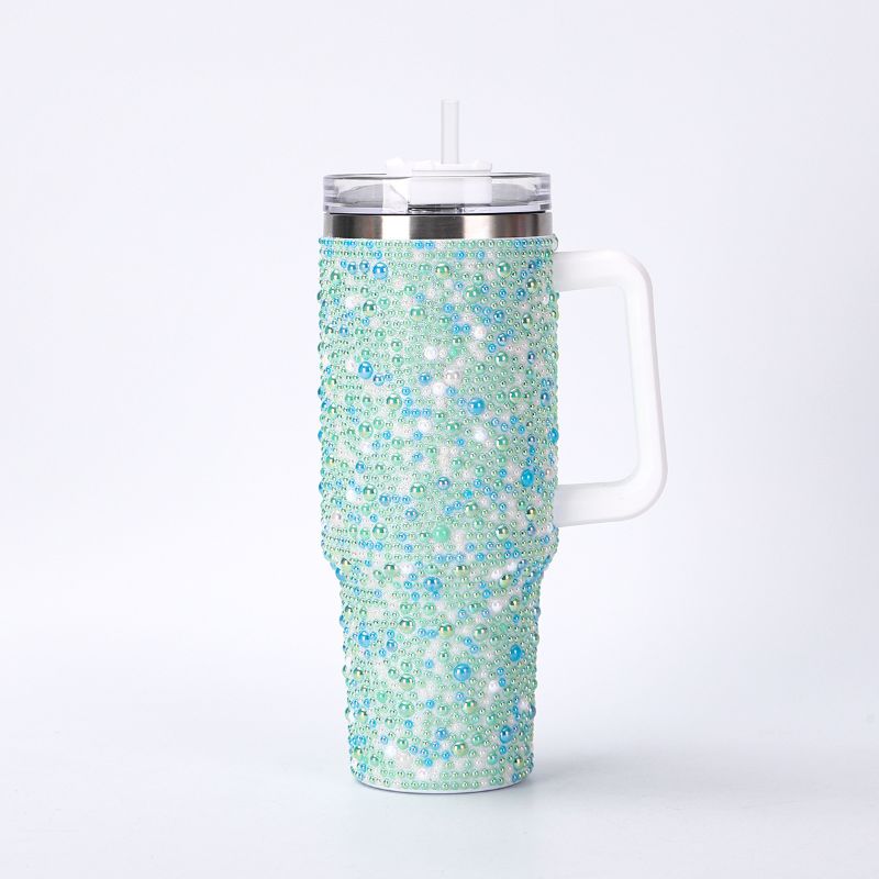 40oz pearl rhinestone stainless steel insulated tumbler with handle, green finish