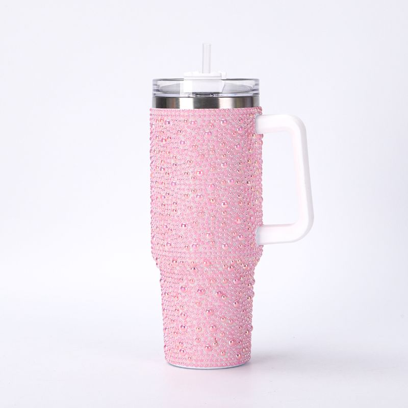 40oz pearl rhinestone stainless steel insulated tumbler with handle, pink finish