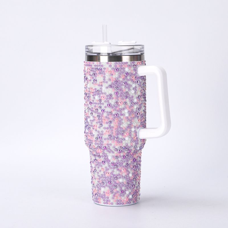 40oz pearl rhinestone stainless steel insulated tumbler with handle, purple finish