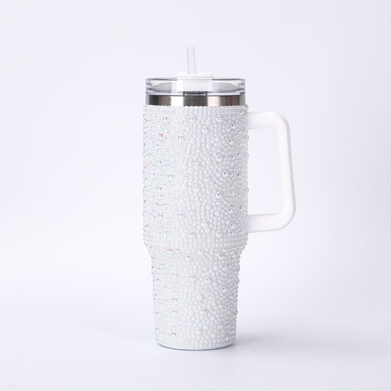 40oz pearl rhinestone stainless steel insulated tumbler with handle, white finish