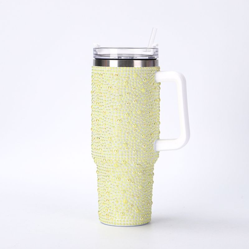 40oz pearl rhinestone stainless steel insulated tumbler with handle, yellow finish