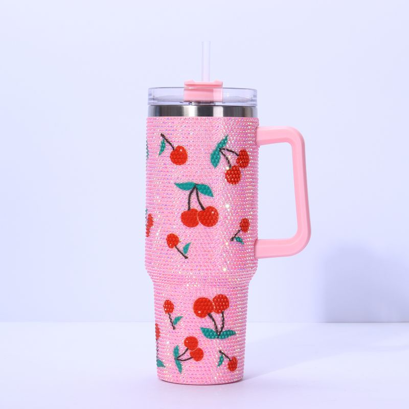 40oz shiny rhinestone insulated tumbler with handle, pink cherry pattern