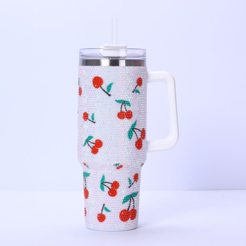 40oz shiny rhinestone insulated tumbler with handle, white cherry pattern