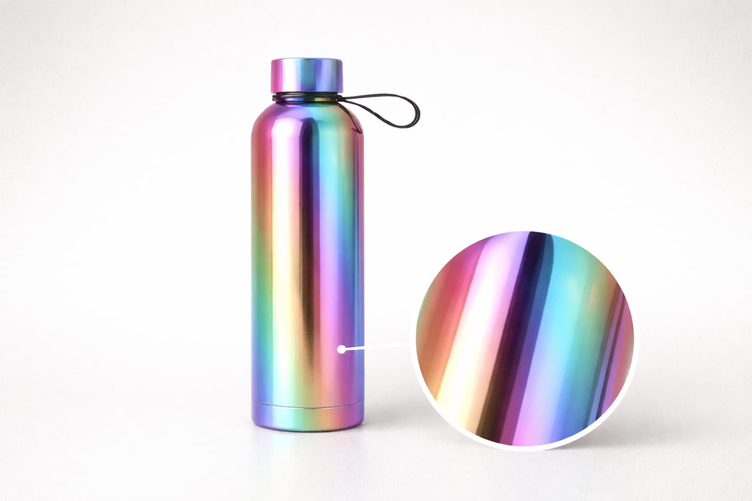 Electroplated stainless steel insulated water bottle with rainbow iridescent finish, showing high-reflection metallic surface and close-up coating detail.