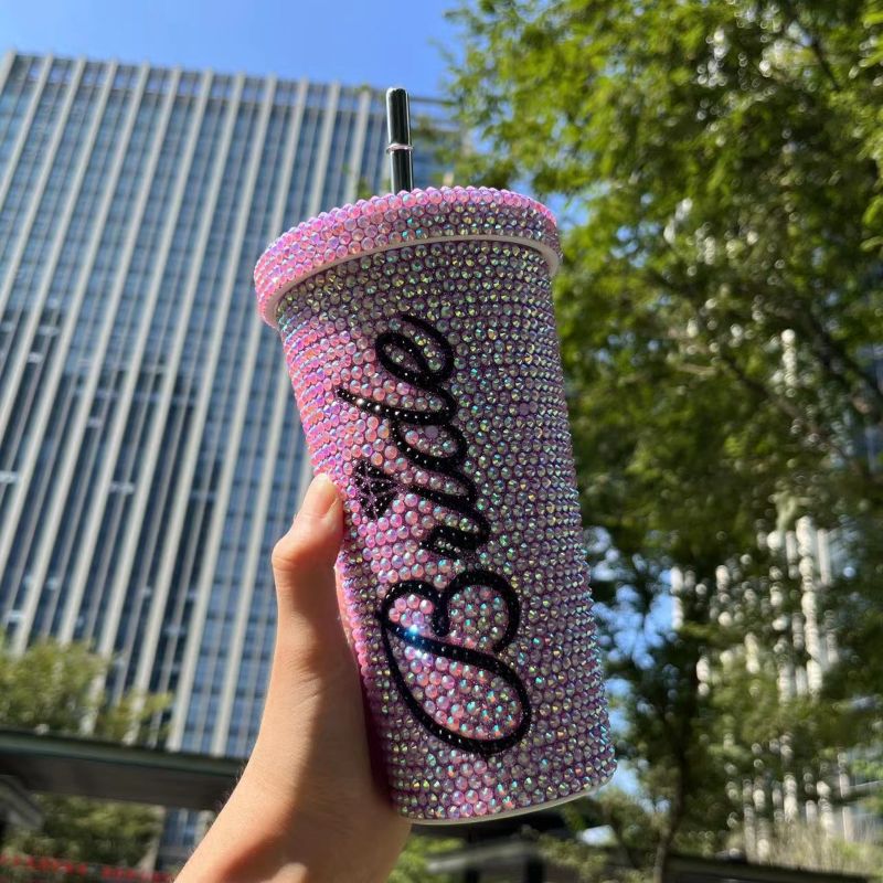 Gradient rhinestone stainless steel insulated cup with detachable straw and flat lid