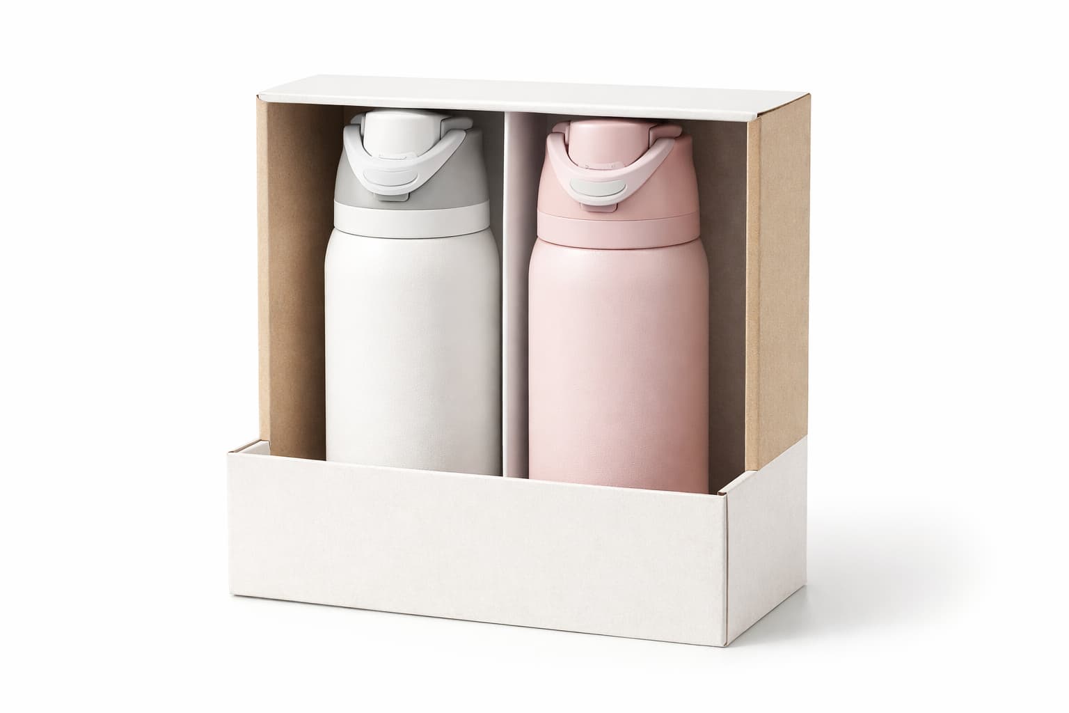 Open-top PDQ display packaging with window for two stainless steel insulated bottles retail-ready