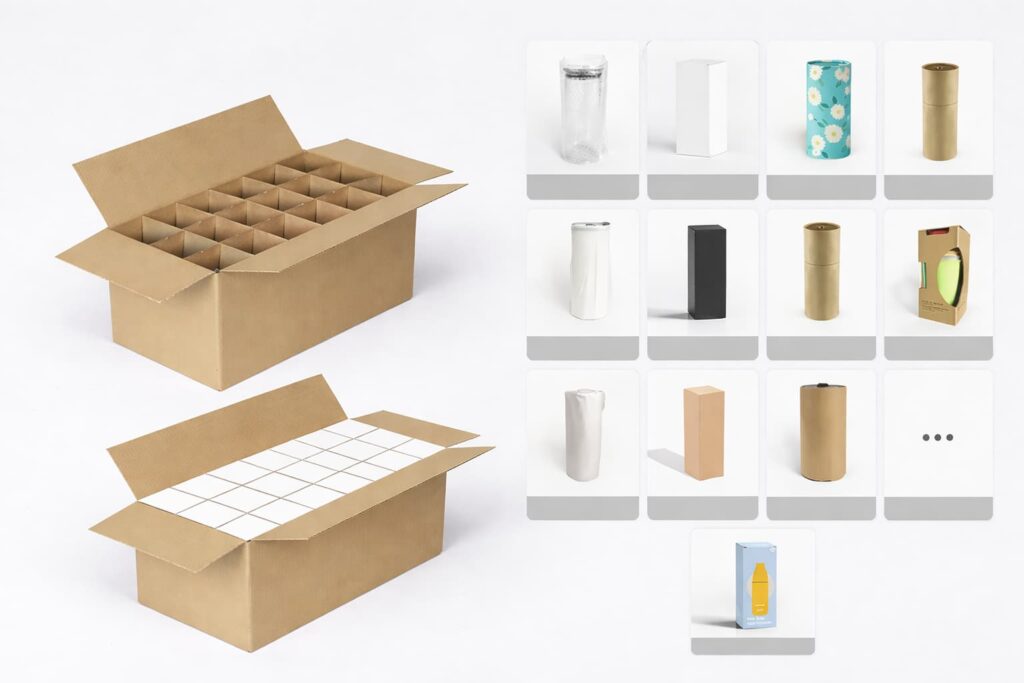 Packaging customization overview showing export cartons with dividers and multiple single-bottle packaging options for stainless steel insulated bottles.