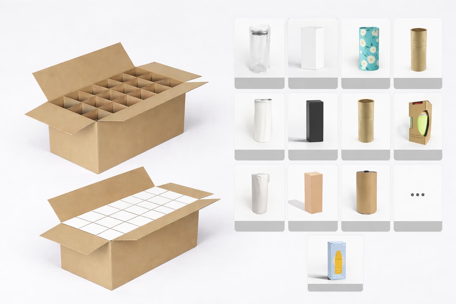 Packaging customization overview showing export cartons with dividers and multiple single-bottle packaging options for stainless steel insulated bottles.