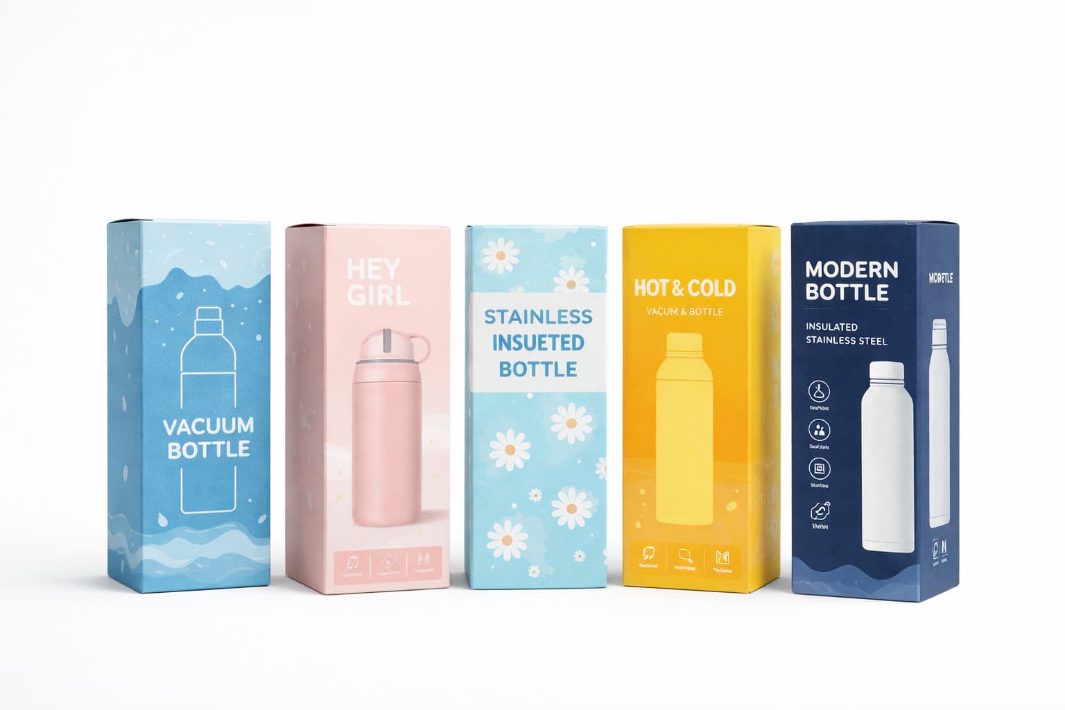 Printed color packaging boxes for stainless steel insulated bottles with retail-ready designs