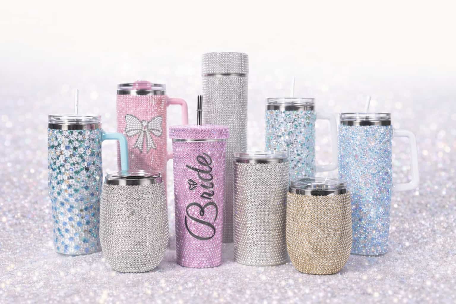 Rhinestone decoration stainless steel insulated bottles collection showing multiple colors finishes and tumbler styles
