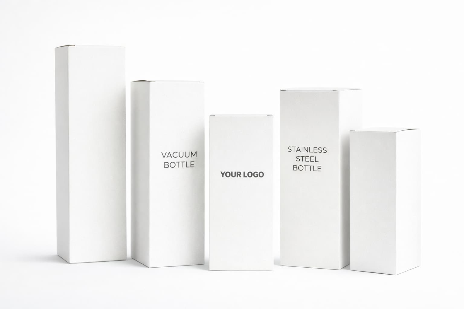 White paper box packaging in multiple sizes for stainless steel insulated bottles