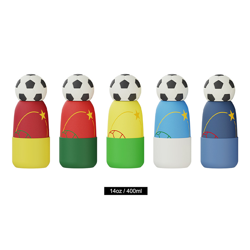 14oz kids insulated water bottle with soccer ball lid and colorful world cup themed design