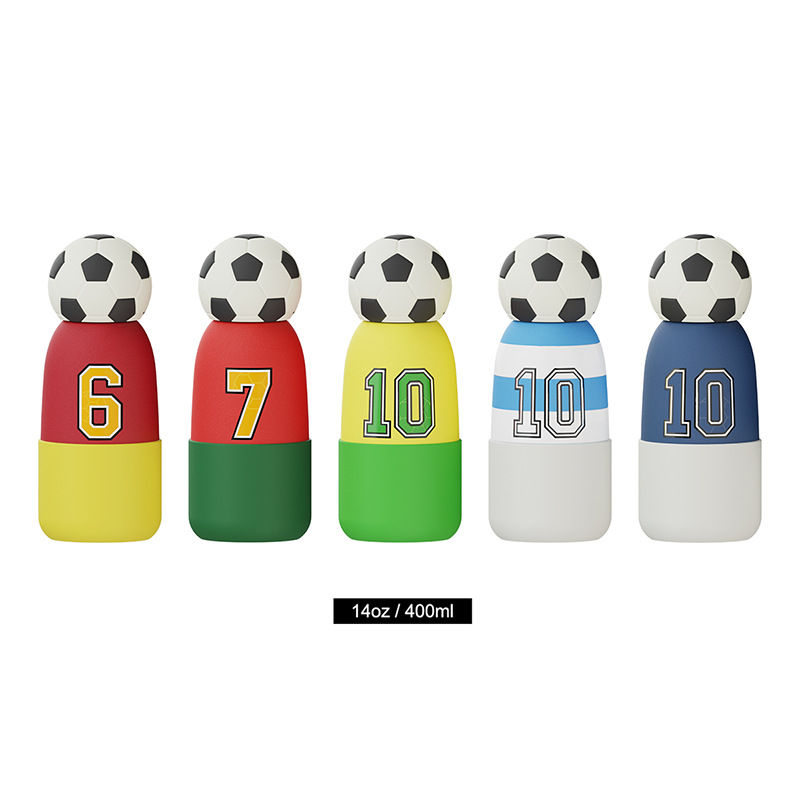14oz soccer themed kids insulated bottle with player number design and football shaped lid