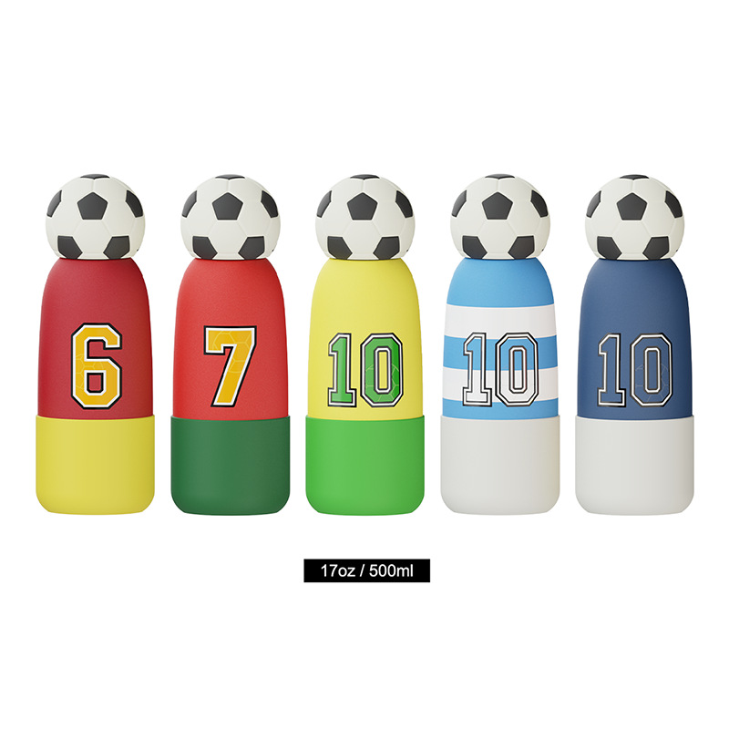 17oz insulated kids water bottle featuring soccer player numbers and ball lid