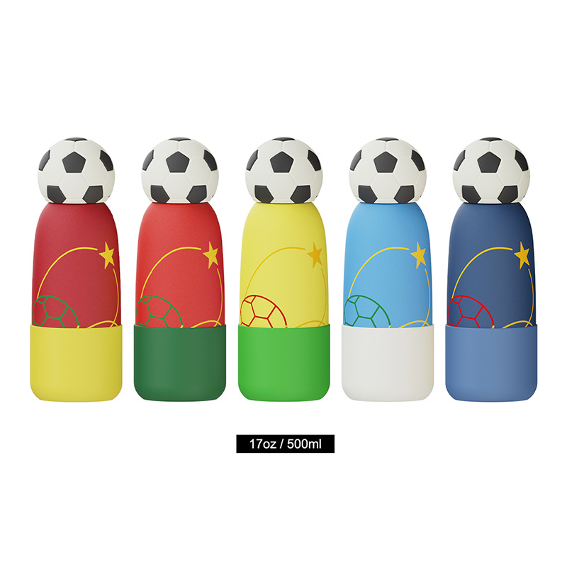 17oz kids insulated water bottle with soccer ball cap in multiple color options