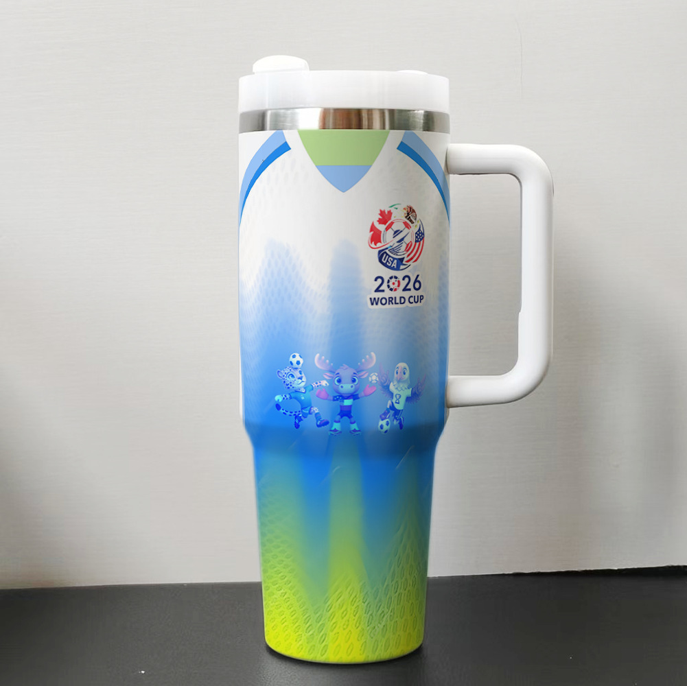 40oz insulated tumbler with handle featuring custom world cup themed design
