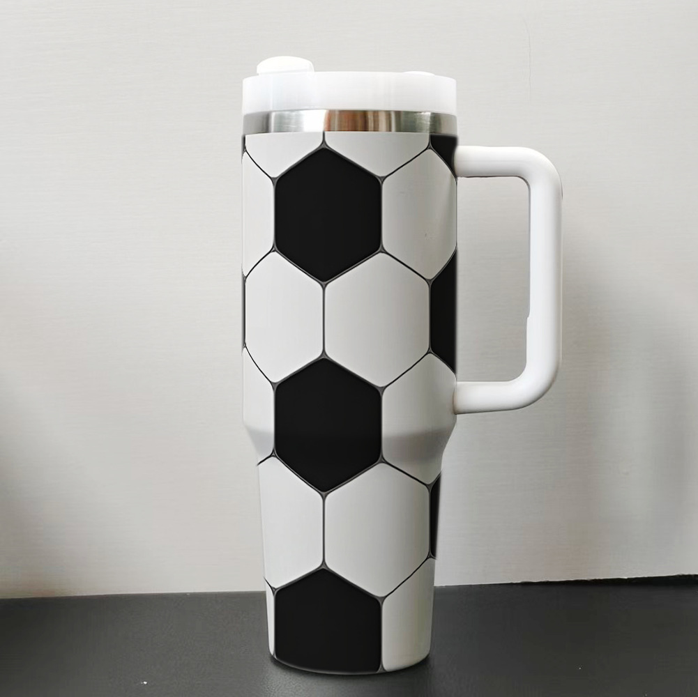40oz stainless steel tumbler with handle and soccer ball pattern