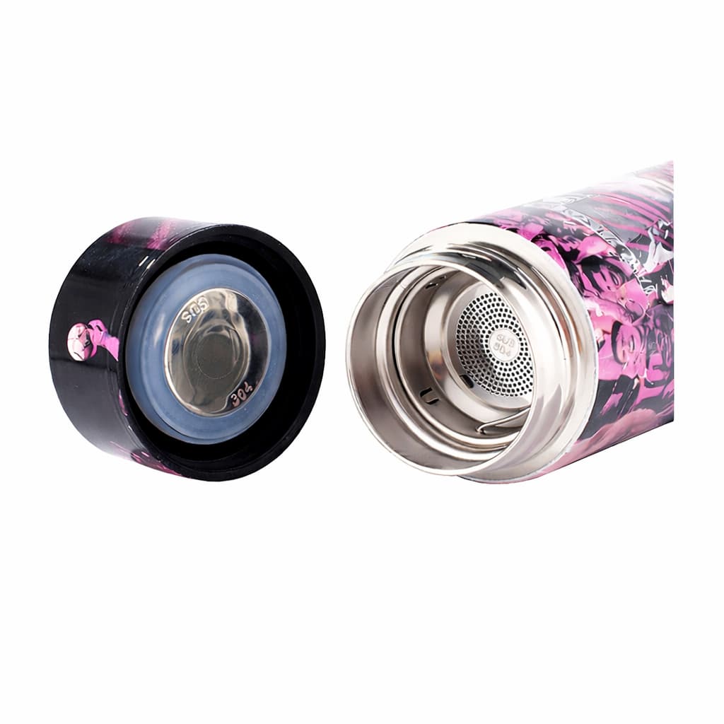 Close-up of a sublimation insulated tumbler with a lid featuring a tea infuser and stainless steel interior, designed for full-wrap sublimation printing
