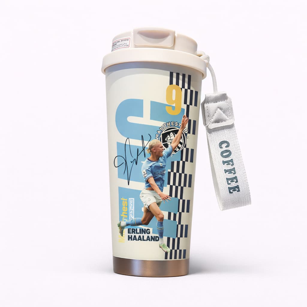 Manchester City inspired insulated tumbler with striker action style UV printing